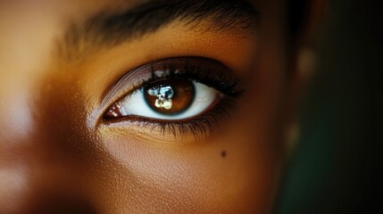 Wall Mural - Close-up of a young black woman's expressive eye showcasing deep brown iris and smooth dark skin against a soft green background.