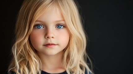 Wall Mural - European girl with long blonde hair and bright blue eyes posing in professional studio setting with soft lighting and dark background