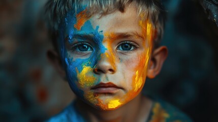 Poster - portrait of a young boy with artistic face painting displaying vibrant blue and yellow hues in natural light setting