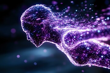 Poster - Glowing purple silhouette of woman dissolving into particles against dark background, representing transformation and spiritual awakening concept.