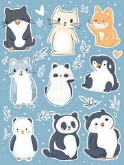 Poster - Collection of cute animal stickers on a blue background featuring various adorable characters. Generative AI