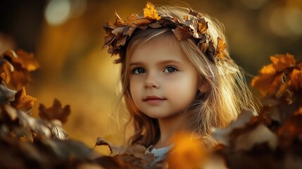 Wall Mural - Portrait of a young girl with long hair wearing a crown of autumn leaves in a warm golden park setting surrounded by colorful foliage.