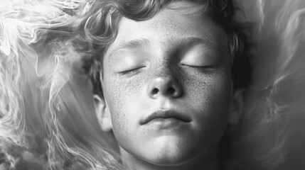 Poster - portrait of a serene young boy with curly hair and freckles eyes closed resting against a soft abstract white background in black and white tones