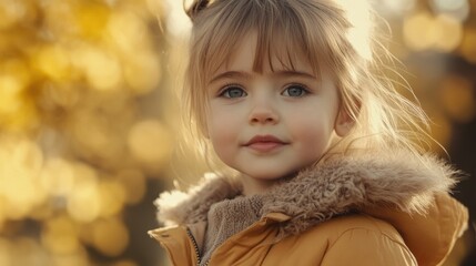 Wall Mural - Adorable young girl with light brown hair wearing a cozy yellow jacket, surrounded by golden autumn leaves in a soft natural light setting.