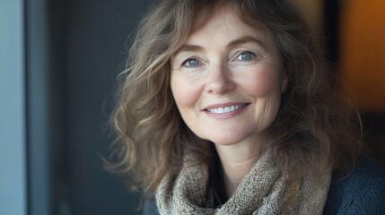 Wall Mural - Smiling middle-aged woman with curly brown hair wearing a cozy scarf enjoying a serene indoor setting with soft natural light