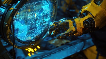 Aufkleber - robotic arm manipulates a holographic interface displaying complex data. showcasing innovative techn