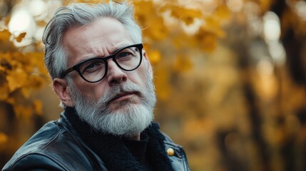 Wall Mural - Elderly man with gray beard wearing glasses and leather jacket outdoors in autumn foliage with golden leaves creating a serene atmosphere