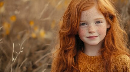 Wall Mural - Portrait of a joyful young girl with vibrant red curly hair and freckles enjoying a colorful autumn day in a serene forest setting with golden foliage.