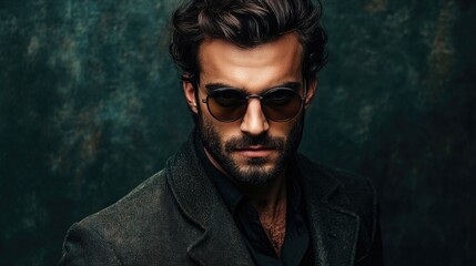 Poster - handsome young man with a well-groomed beard wearing stylish sunglasses in dark jacket against a tex