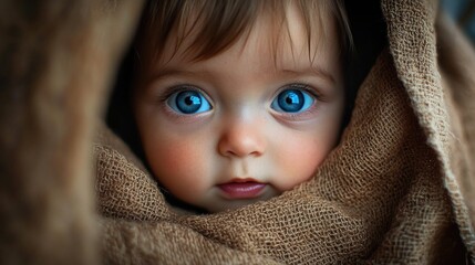 Wall Mural - infant with striking blue eyes wrapped in earthy brown burlap fabric showcasing innocence and tenderness in a soft natural light setting