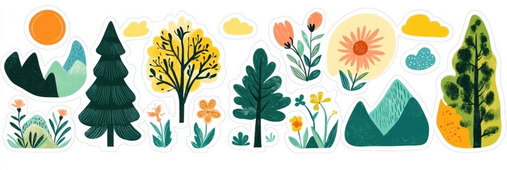 Poster - Stickers featuring colorful nature elements with mountains, trees, flowers, and sun perfect for creative projects. Generative AI