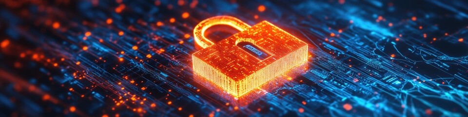 Poster - A padlock on a circuit board with glowing lock and keys, useful for technology and electronics illustrations