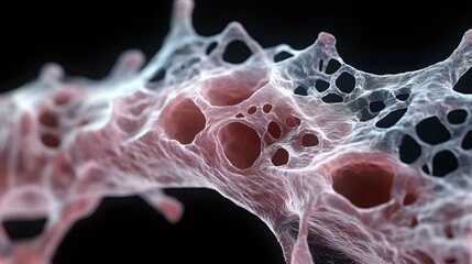 Poster - Microscopic view of organic cellular structure with white fibrous network and pink spherical formations against black background for scientific research.