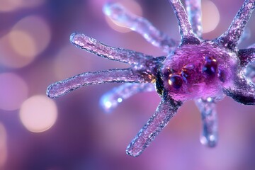 Poster - Macro view of virus cell structure in purple and blue tones with bokeh background showing detailed spikes and molecular surface features for medical visualization.