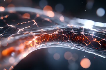 Aufkleber - Glowing orange and white neural network visualization with bokeh light effects on dark background, abstract technology concept for artificial intelligence.