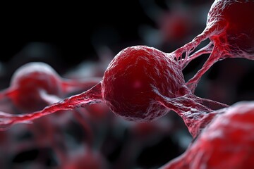 Poster - red cancer cells with connecting filaments on dark background, microscopic medical visualization sho