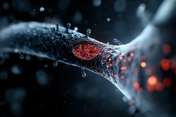 Poster - Glowing red neural synapse with water drops on dark background illustrates brain activity and neurotransmitter release in dramatic macro photography.