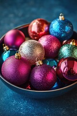 Canvas Print - A decorative bowl filled with colorful Christmas ornaments, great for holiday decor or gift wrapping