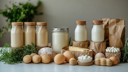 Wall Mural - Assorted dairy products and eggs arranged artistically on a table with greenery in the background