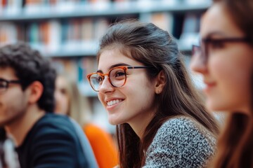 Poster - group of people studying and reading books in a quiet library environment, ideal for education or re