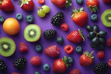 Wall Mural - Colorful assortment of fresh fruits arranged artistically on a vibrant purple surface