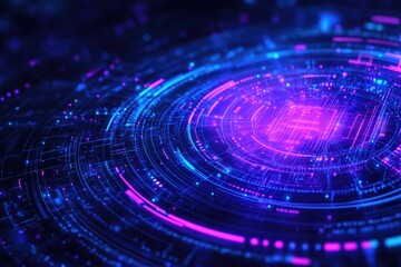 Poster - a blue and purple circular object against a dark, black background