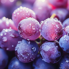 Wall Mural - Close-up shot of fresh purple grapes covered with water droplets, showcasing their rich color and fresh appearance, symbolizing health, natural beauty, and hydration.