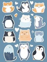 Poster - Cute animal stickers featuring playful designs of various loved characters created on a blue background. Generative AI