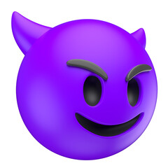 Wall Mural - Purple Smiling Devil Emoji with Horns in 3D Render with transparent background