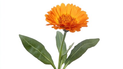 Wall Mural - A single orange flower sits on a white background surrounded by lush green leaves