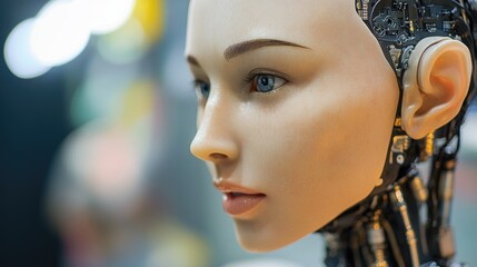 Poster - A detailed shot of a robot's head with facial features and mechanical details