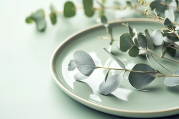 Sticker - A close-up of leaves arranged on a plate, suitable for use in still life photography or as a decoration