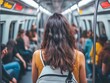© SCTProjects - Woman with backpack standing on a crowded subway train during commute.