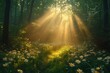© Images from Dreams - Golden sunbeams are filtering through the trees in a misty forest, illuminating a clearing filled with wildflowers, creating a magical and serene atmosphere
