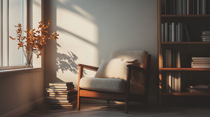 Wall Mural - A chair is sitting in front of a window with a vase of flowers on a table