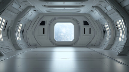 Poster - Futuristic spaceship interior with a large window showcasing a view of Earth from space. Clean, minimalist design with sleek white walls and glowing panels.