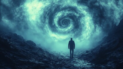 Poster - A man is walking through a spiral tunnel in the dark