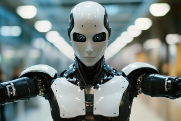 Poster - A robot stands alone in an empty room with a calm expression