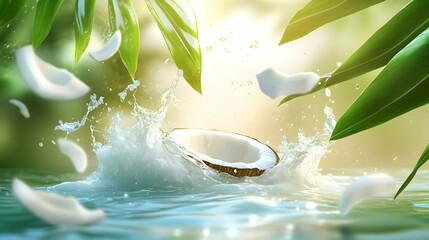 refreshing splash of fresh coconut into milk surrounded by tropical leaves-
