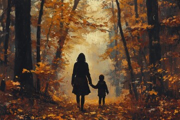 Wall Mural - Figures walk hand in hand through a beautiful autumn forest at sunset