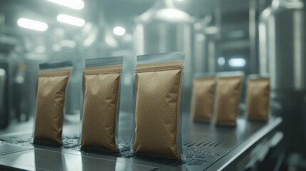 Poster - Sealed Brown Packaging on Industrial Production Line in Warehouse