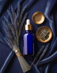 Wall Mural - Luxurious blue serum bottle with dried lavender on a velvet background.