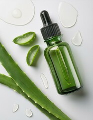 Canvas Print - Green aloe vera serum bottle with fresh leaves.