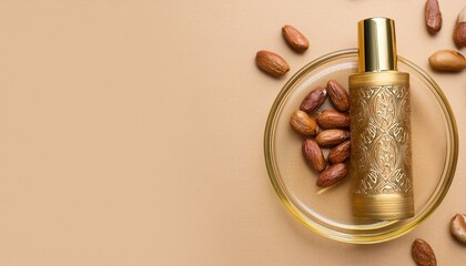 Wall Mural - Luxurious golden bottle of oil with nuts.