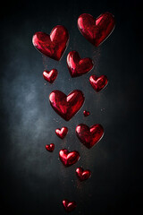 Poster - Falling sparkling red hearts against a dark background, symbolizing love, passion, and romance, perfect for Valentine's Day or any occasion expressing affection and emotions.