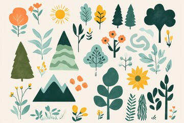 Poster - Creative collection of nature inspired stickers featuring trees, flowers, and mountains in vibrant colors. Generative AI