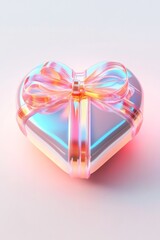 Sticker - Heart-shaped gift box with iridescent ribbon.