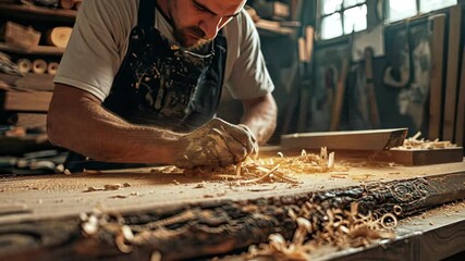 Poster - Crafting beautiful woodwork in a high-quality 4k animation showcasing skilled craftsmanship and attention to detail in a workshop setting