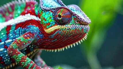 Aufkleber - Colorful chameleon showcases vibrant patterns in a lush tropical habitat during daylight hours
