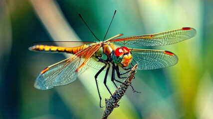 Aufkleber - Explore the intricate beauty of a vibrant dragonfly perched on a delicate branch in stunning 4k animation